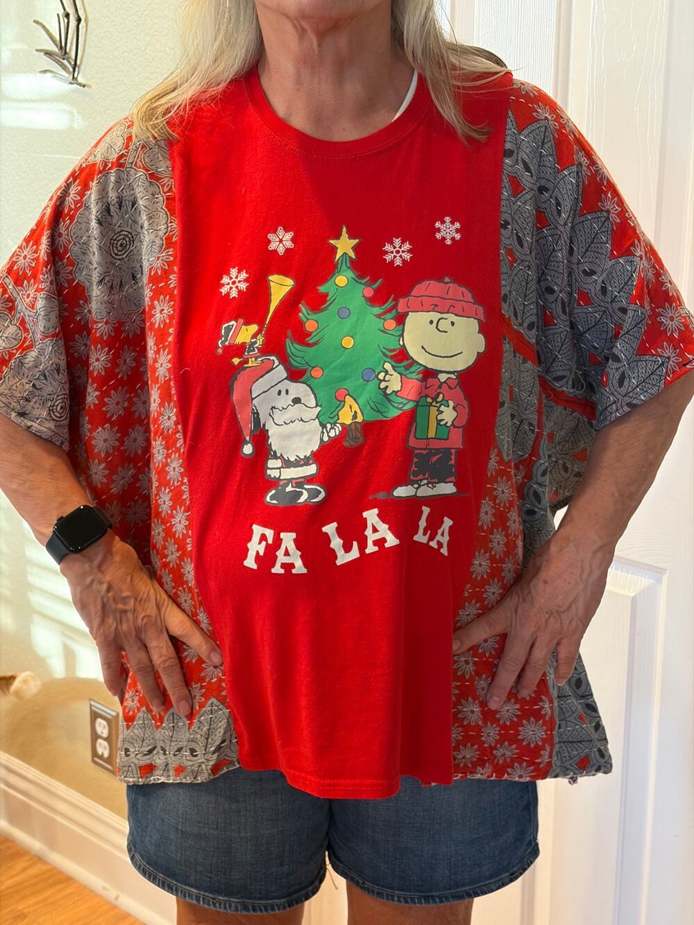 Snoopy Christmas Holiday Upcycled Kantha Tunic Tops Shirt OS Handmade Bohemian